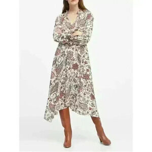 Women's Banana Republic Warm White Peasant Paisley Long Sleeve Midi Dress Size 8